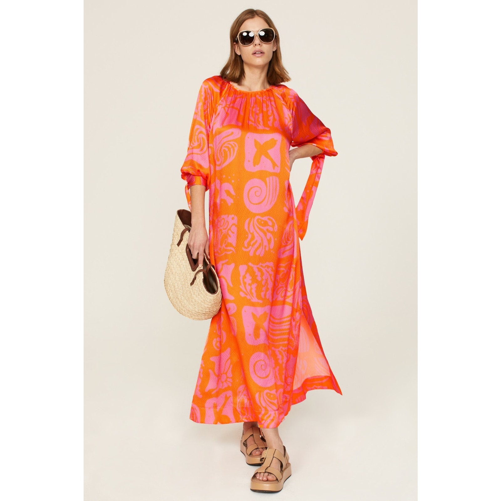Rodebjer Wava Orange Pink Resortwear Beach Vacation Silk Kaftan Maxi Dress Small